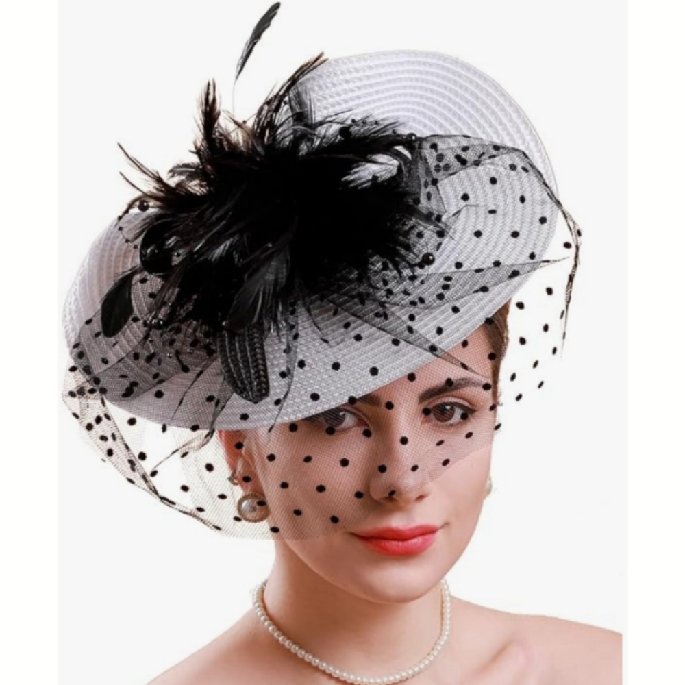 Black White Fascinator Elegant Feathers Polka Dot Veil Church Tea Derby Funeral